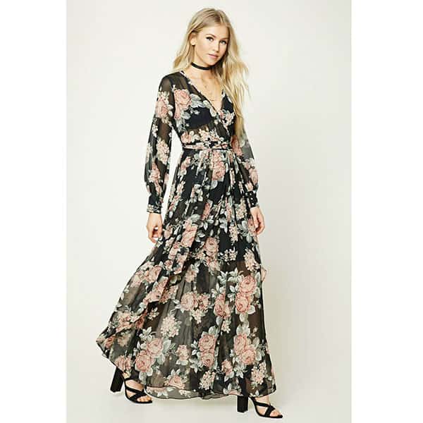 chinese dress ladies Floral-Embroidered Tiered Maxi Dress Dusty Orchid / L